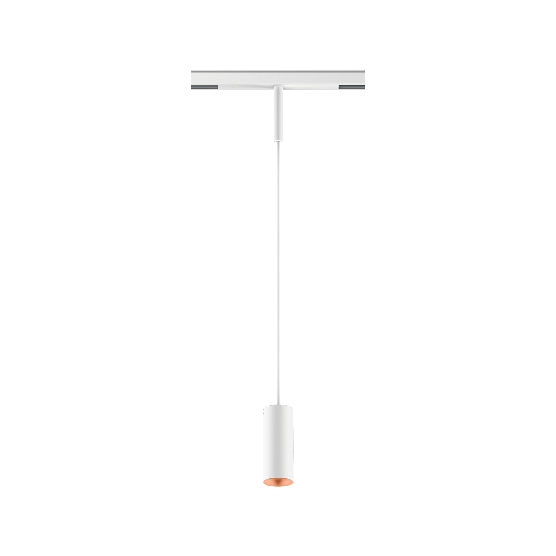 White version of the Dea Vesta-Q XS with copper reflector, a 48V pendant luminaire designed by Karizma Luce.