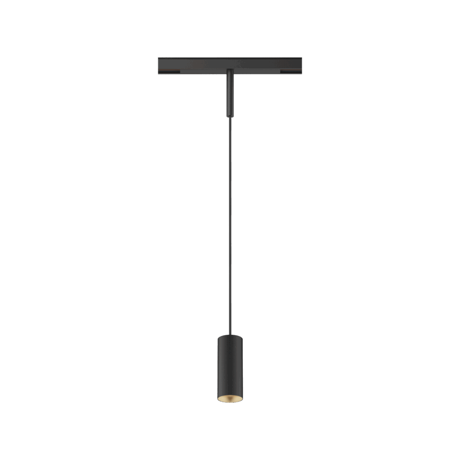 Black version of the Dea Vesta-Q XS with golden reflector, a 48V pendant luminaire designed by Karizma Luce.