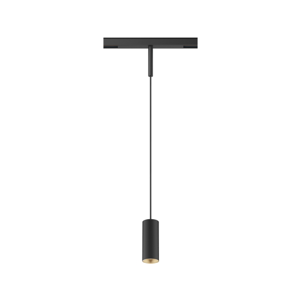 Black version of the Dea Vesta-Q XS with golden reflector, a 48V pendant luminaire designed by Karizma Luce.