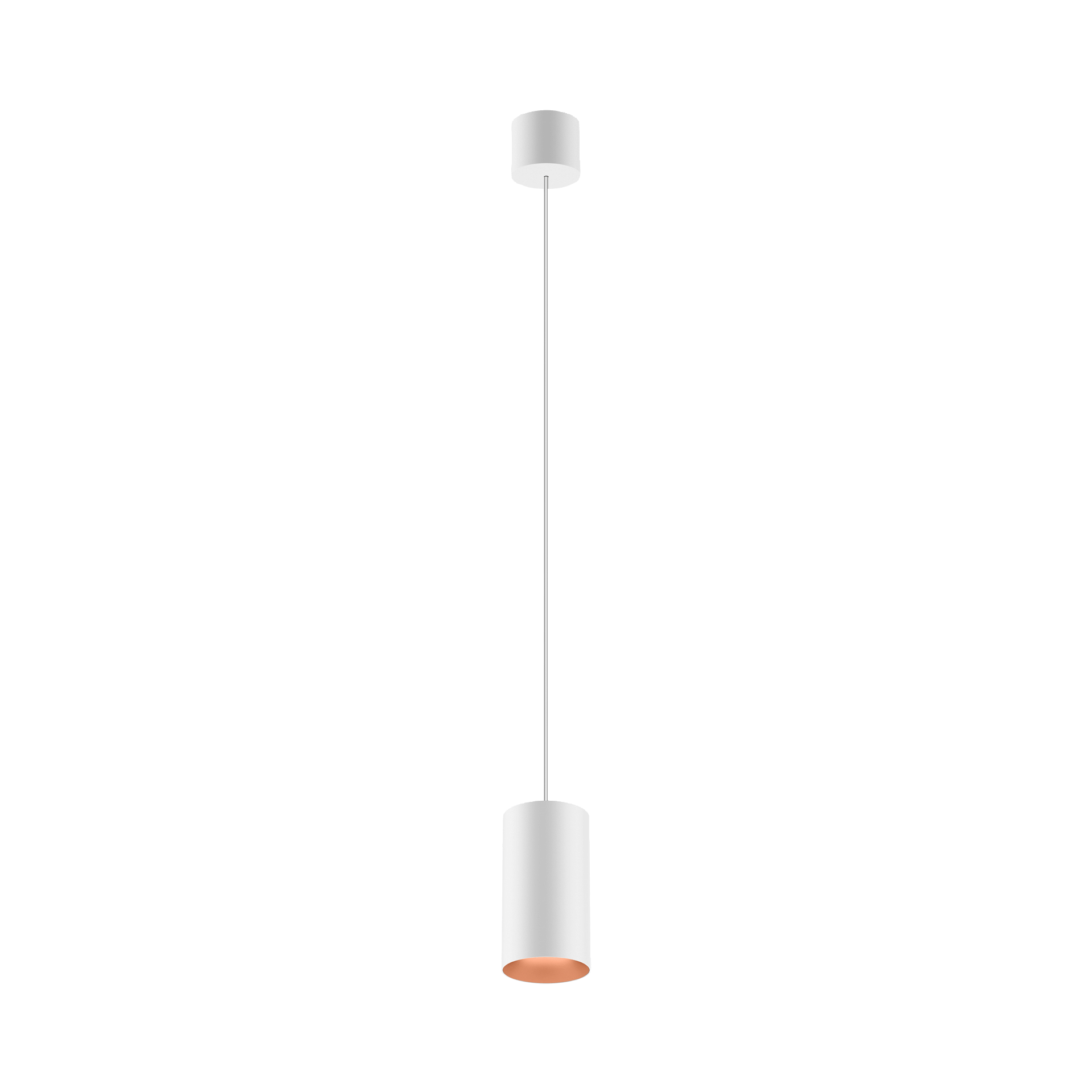 White version of the Dea Vesta S PE with copper reflector, a pendant luminaire designed by Karizma Luce.