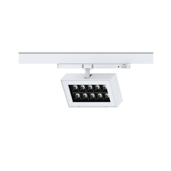 White version of the Piatto L, a 220V track luminaire designed by Karizma Luce.