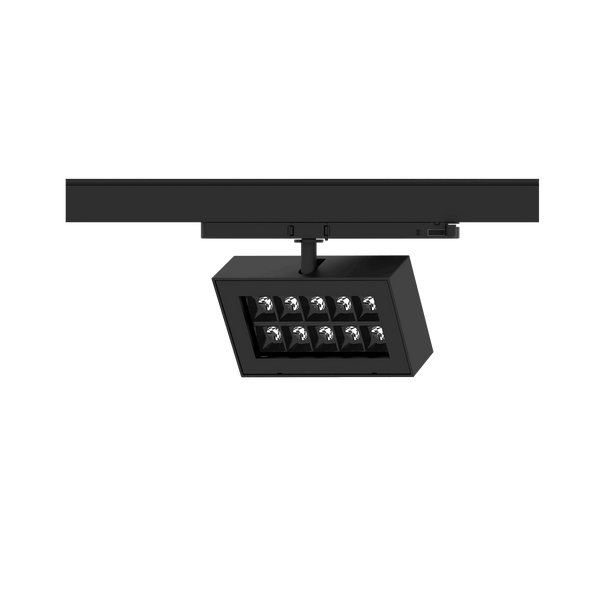 Black version of the Piatto L, a 220V track luminaire designed by Karizma Luce.