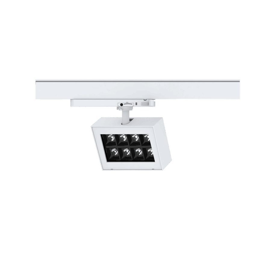 White version of the Piatto M, a 220V track luminaire designed by Karizma Luce.