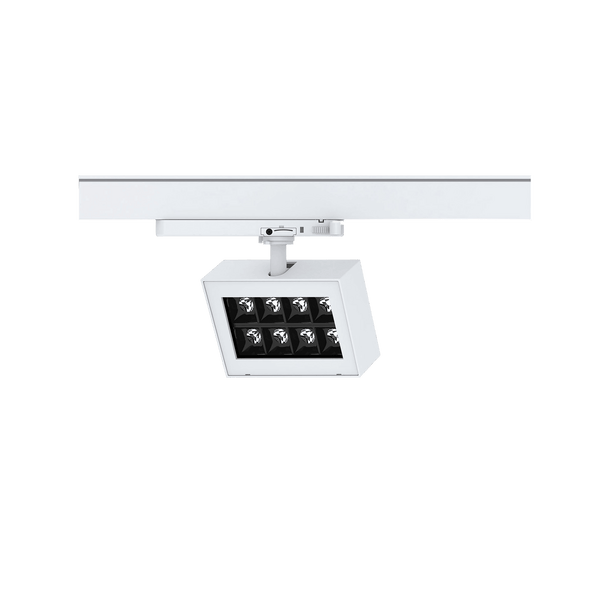White version of the Piatto M, a 220V track luminaire designed by Karizma Luce.
