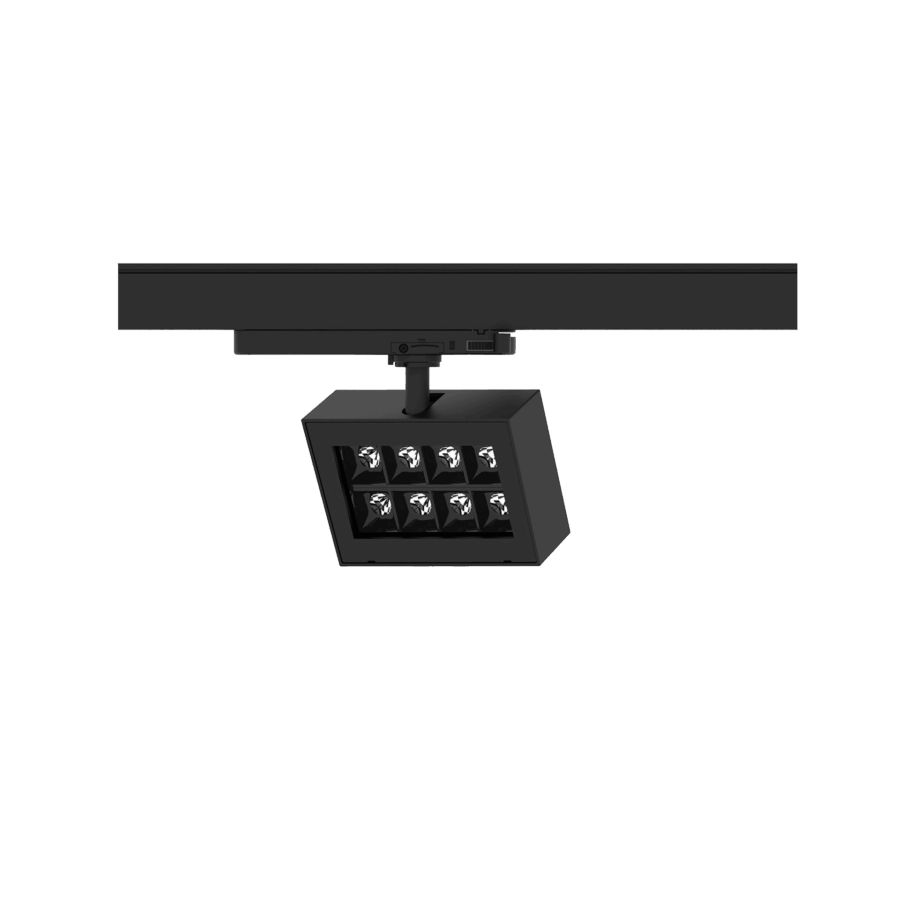 Black version of the Piatto M, a 220V track luminaire designed by Karizma Luce.