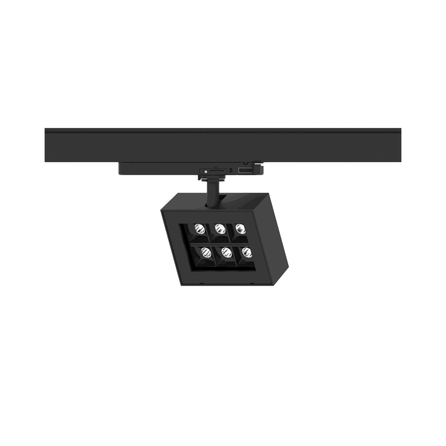 Black version of the Piatto S, a 220V track luminaire designed by Karizma Luce.