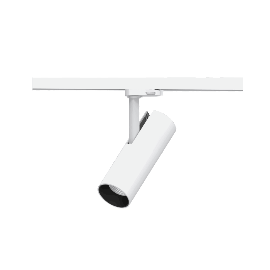 White version of the Tesoro, a 220V track luminaire designed by Karizma Luce.