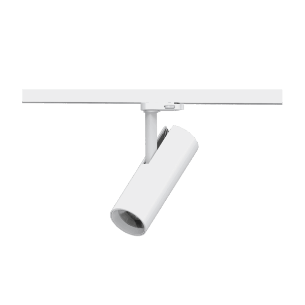 White version of the Tesoro Lente, a 220V track luminaire designed by Karizma Luce.
