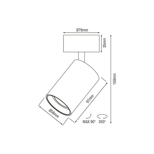 Technical drawing of the Vuote Surface, a surface-mounted spot, illustrating detailed dimensions and design specifications.