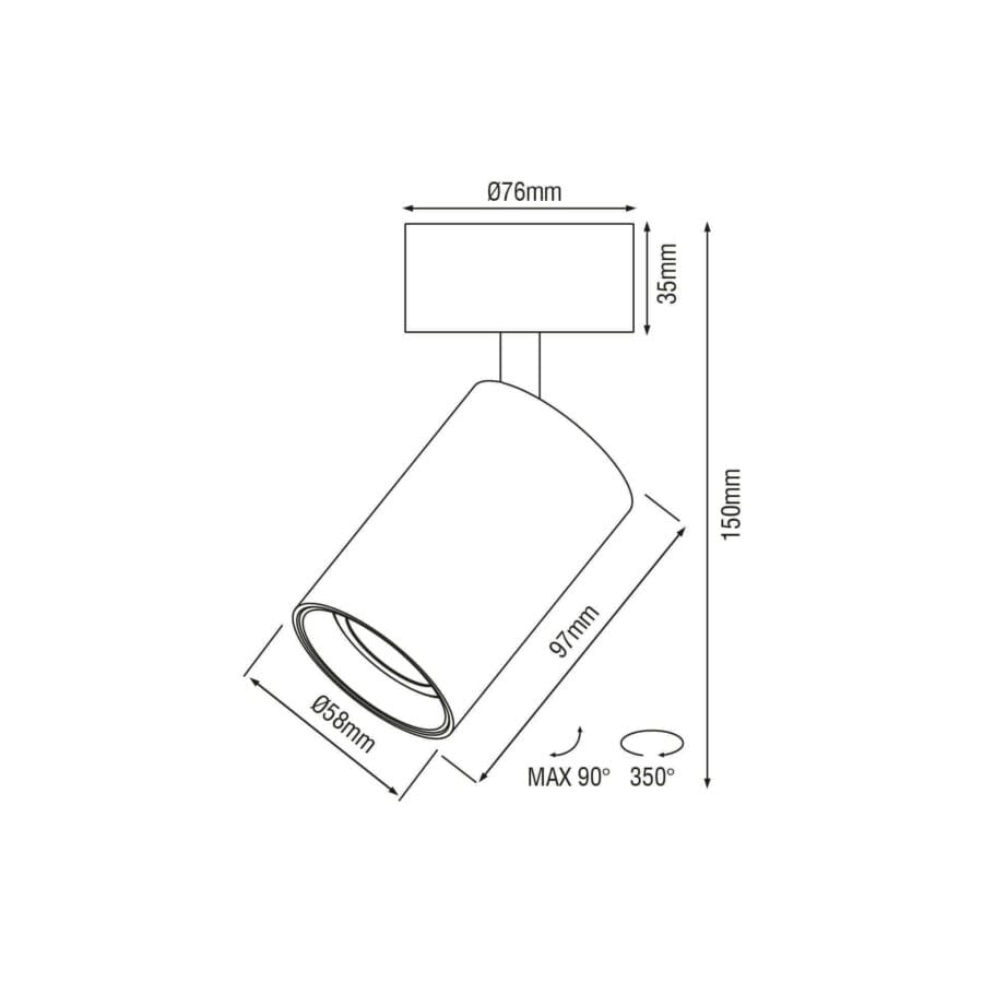 Technical drawing of the Vuote Surface, a surface-mounted spot, illustrating detailed dimensions and design specifications.