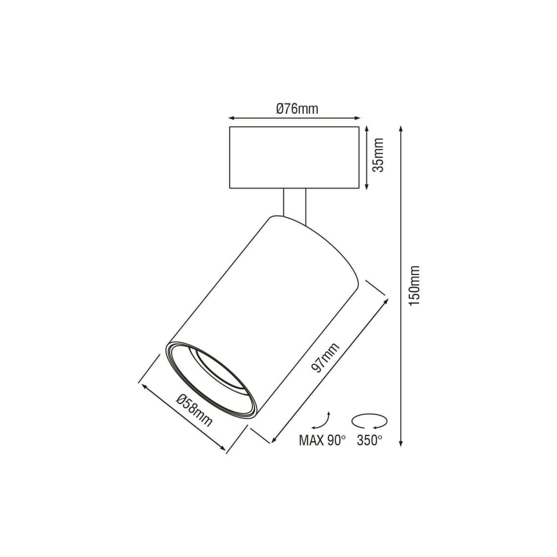 Technical drawing of the Vuote Surface, a surface-mounted spot, illustrating detailed dimensions and design specifications.