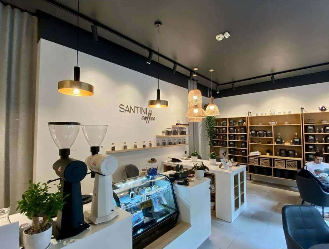 Coffee shop in Riga, counter, with track lighting