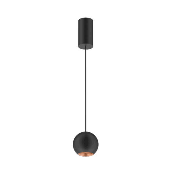 Black version of the Dea Eros M PE with copper reflector, a suspended luminaire designed by Karizma Luce.