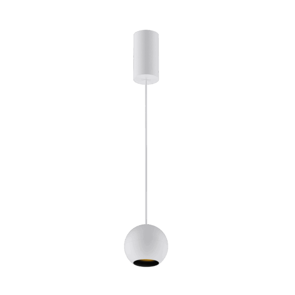 White version of the Dea Eros M PE with black gloss reflector, a suspended luminaire designed by Karizma Luce.