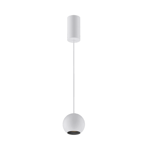 White version of the Dea Eros M PE with black matt reflector, a suspended luminaire designed by Karizma Luce.