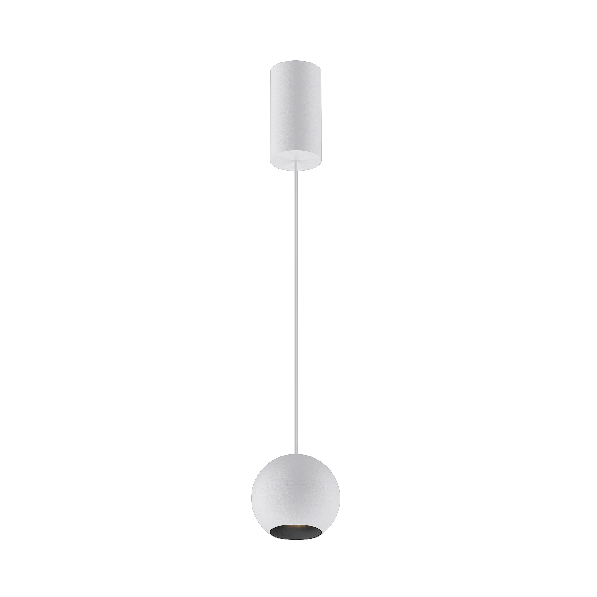 White version of the Dea Eros M PE with black matt reflector, a suspended luminaire designed by Karizma Luce.