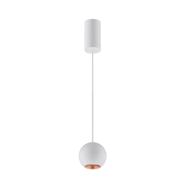 White version of the Dea Eros M PE with copper reflector, a suspended luminaire designed by Karizma Luce.
