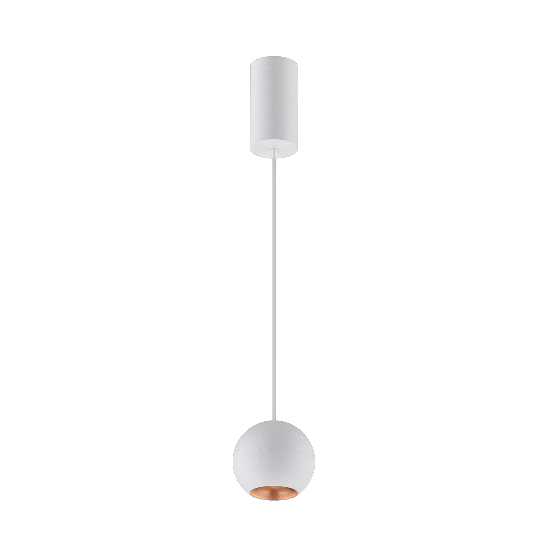 White version of the Dea Eros M PE with copper reflector, a suspended luminaire designed by Karizma Luce.