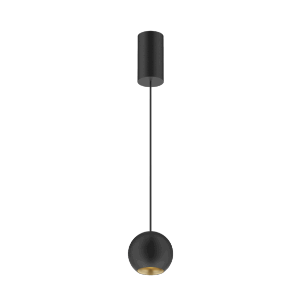 Black version of the Dea Eros M PE with golden reflector, a suspended luminaire designed by Karizma Luce.