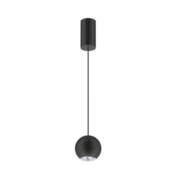 Black version of the Dea Eros M PE with silver reflector, a suspended luminaire designed by Karizma Luce.
