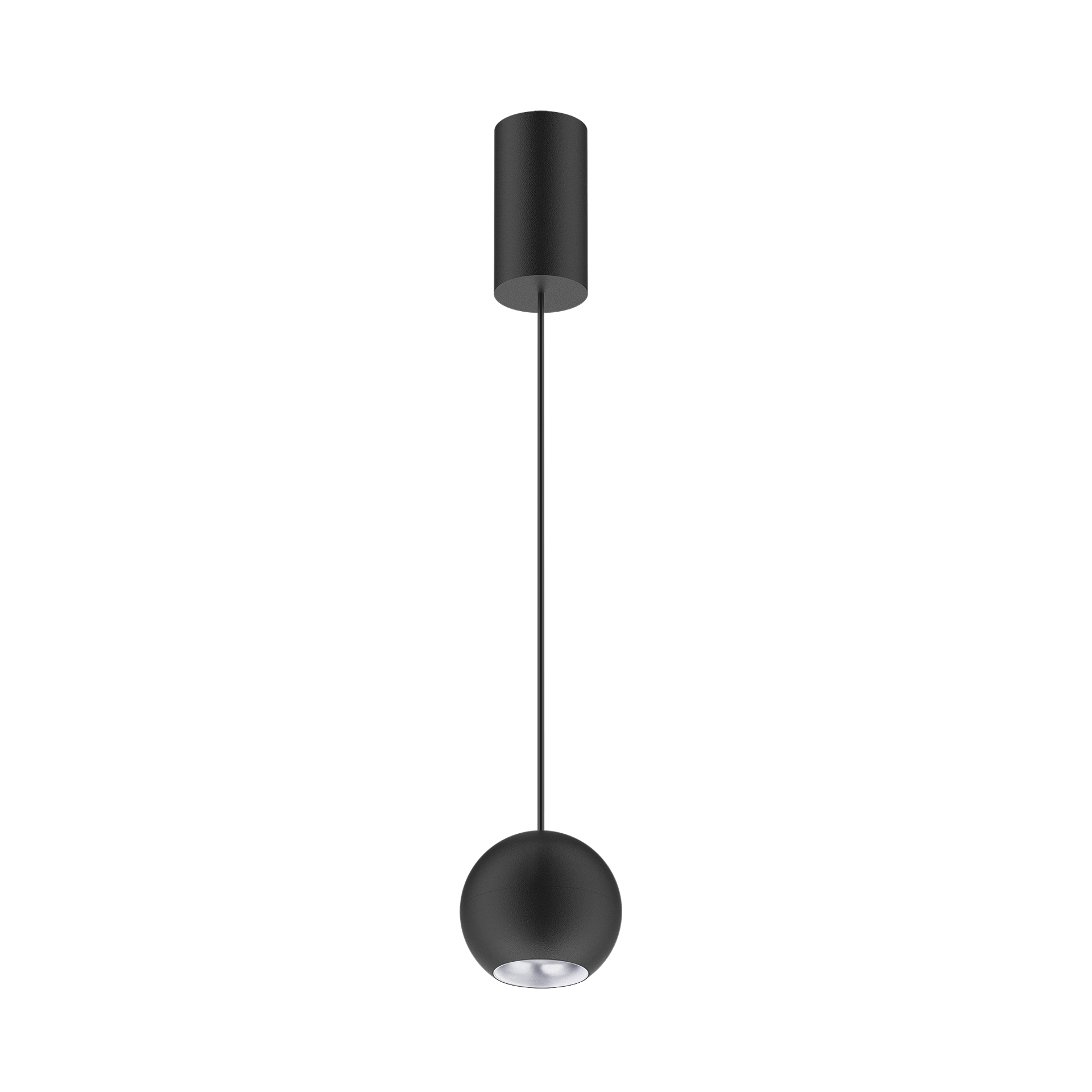 Black version of the Dea Eros M PE with silver reflector, a suspended luminaire designed by Karizma Luce.