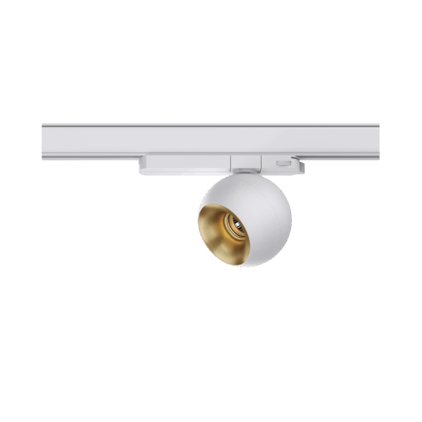White version of the Dea Eros M TR with golden reflector, a 220V track luminaire designed by Karizma Luce.