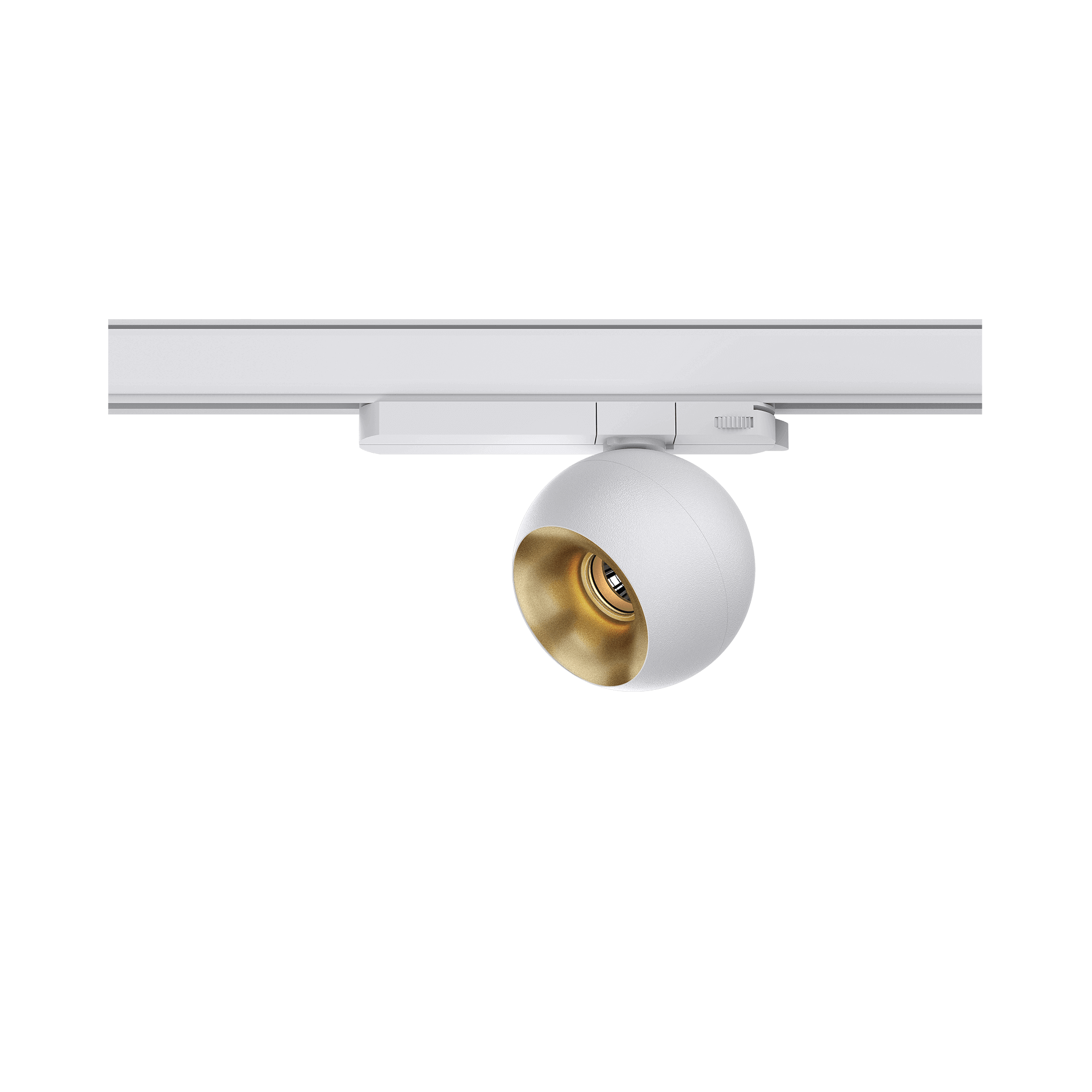 White version of the Dea Eros M TR with golden reflector, a 220V track luminaire designed by Karizma Luce.