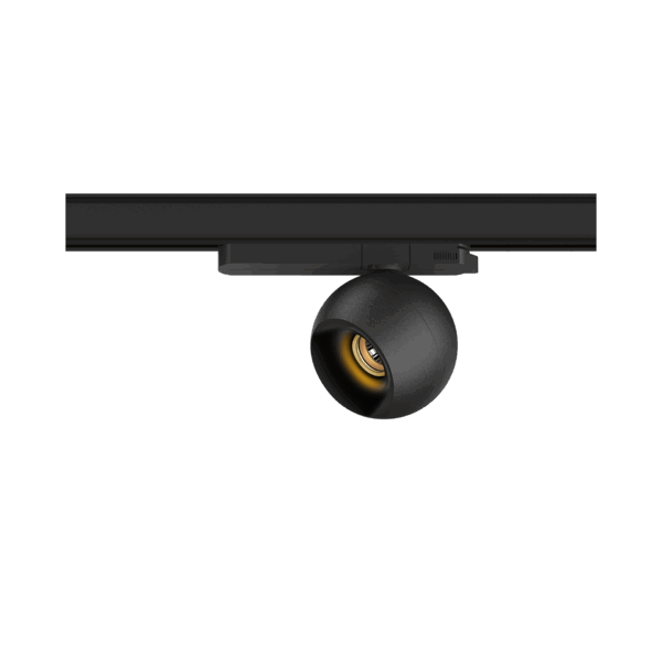 Black version of the Dea Eros M TR with black gloss reflector, a 220V track luminaire designed by Karizma Luce.