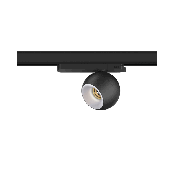 Black version of the Dea Eros M TR with chrome reflector, a 220V track luminaire designed by Karizma Luce.