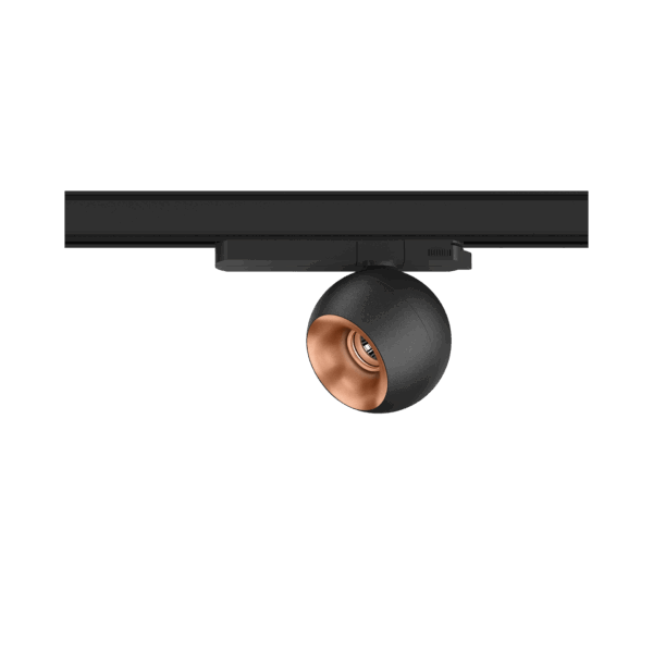 Black version of the Dea Eros M TR with copper reflector, a 220V track luminaire designed by Karizma Luce.