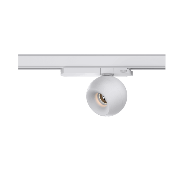 White version of the Dea Eros M TR with white reflector, a 220V track luminaire designed by Karizma Luce.