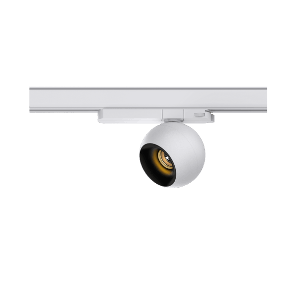 White version of the Dea Eros M TR with black gloss reflector, a 220V track luminaire designed by Karizma Luce.