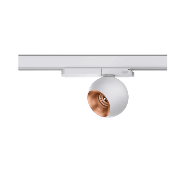 White version of the Dea Eros M TR with copper reflector, a 220V track luminaire designed by Karizma Luce.