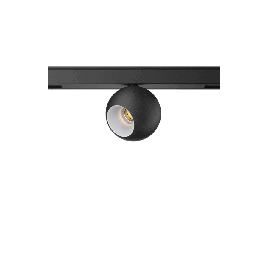 Black version of the Dea Eros-Q1 XS TR with white reflector, a 48V track luminaire designed by Karizma Luce.
