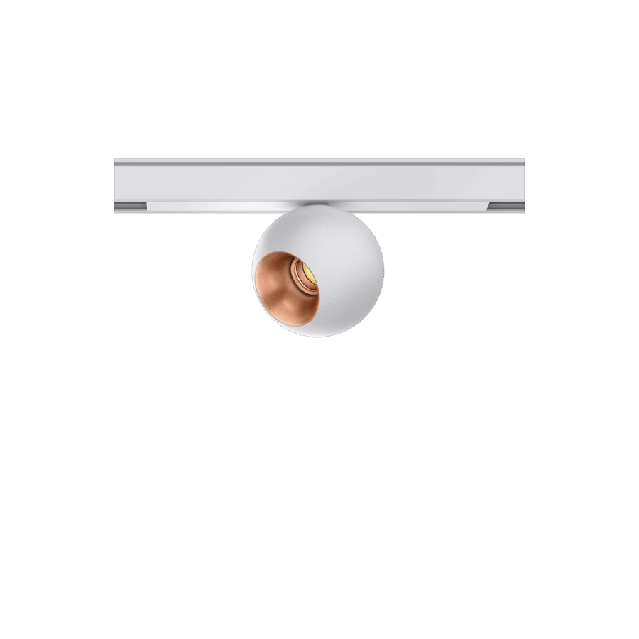 White version of the Dea Eros-Q1 XS TR with copper reflector, a 48V track luminaire designed by Karizma Luce.