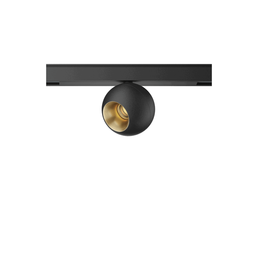 Black version of the Dea Eros-Q1 XS TR with golden reflector, a 48V track luminaire designed by Karizma Luce.