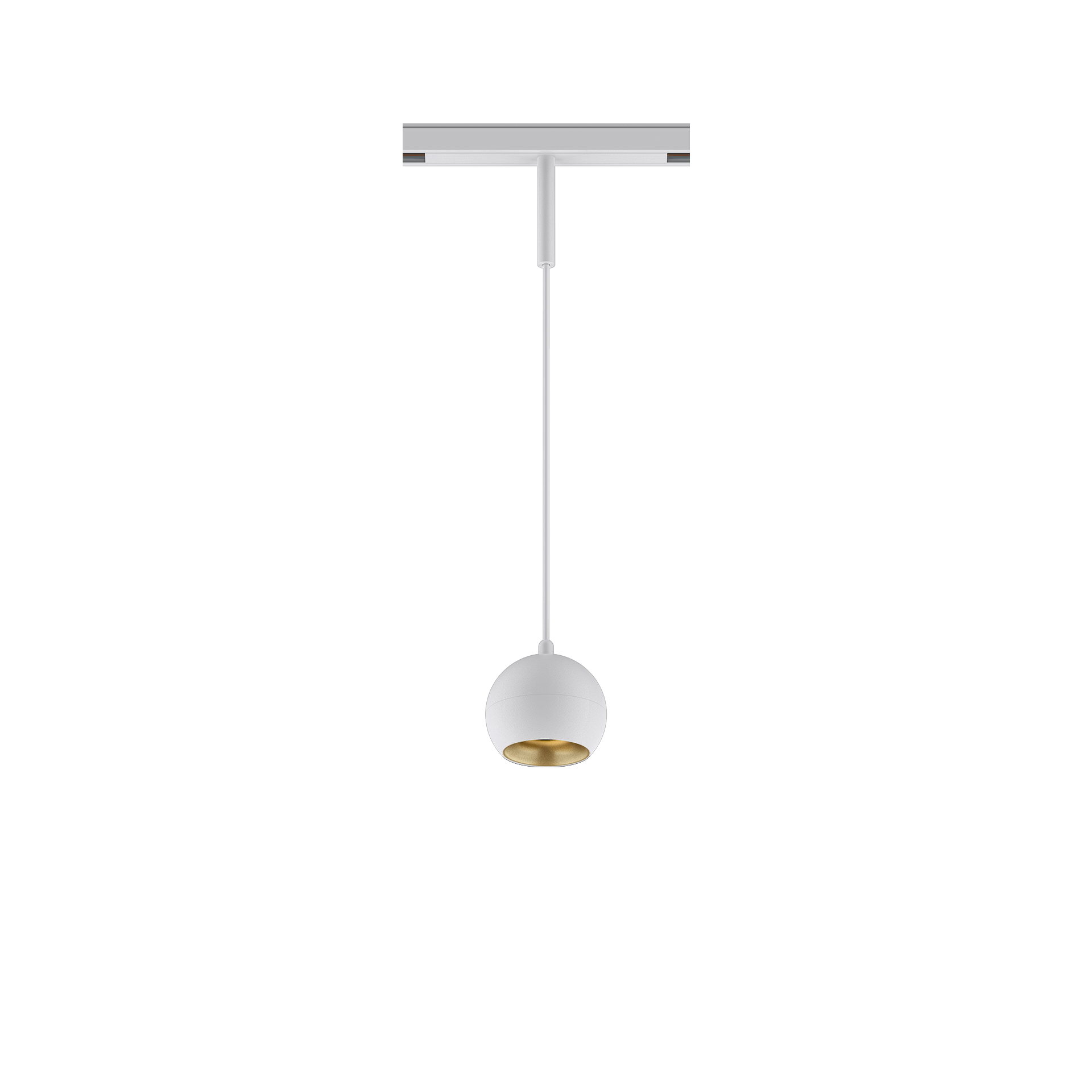 White version of the Dea Eros-Q1/Q2 S PE with golden reflector, a 48V suspended luminaire designed by Karizma Luce.
