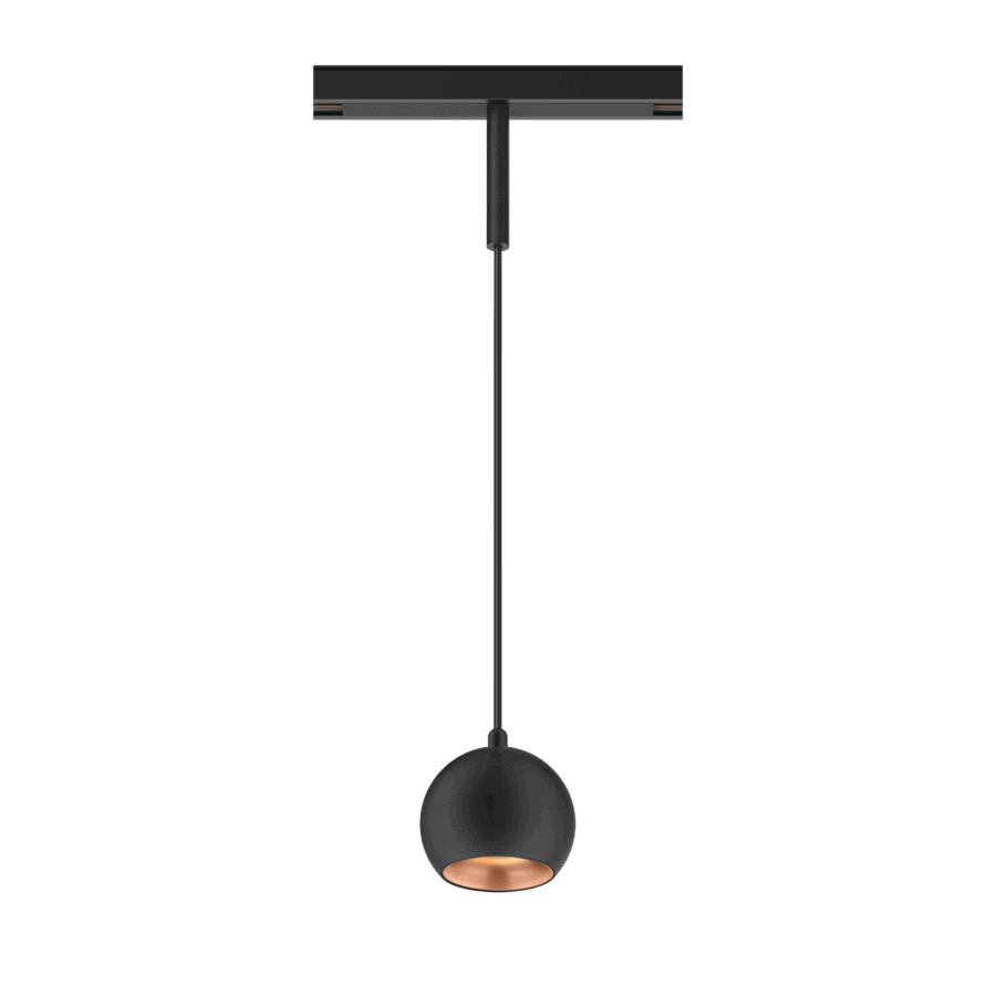 Black version of the Dea Eros-Q1/Q2 S PE with copper reflector, a 48V suspended luminaire designed by Karizma Luce