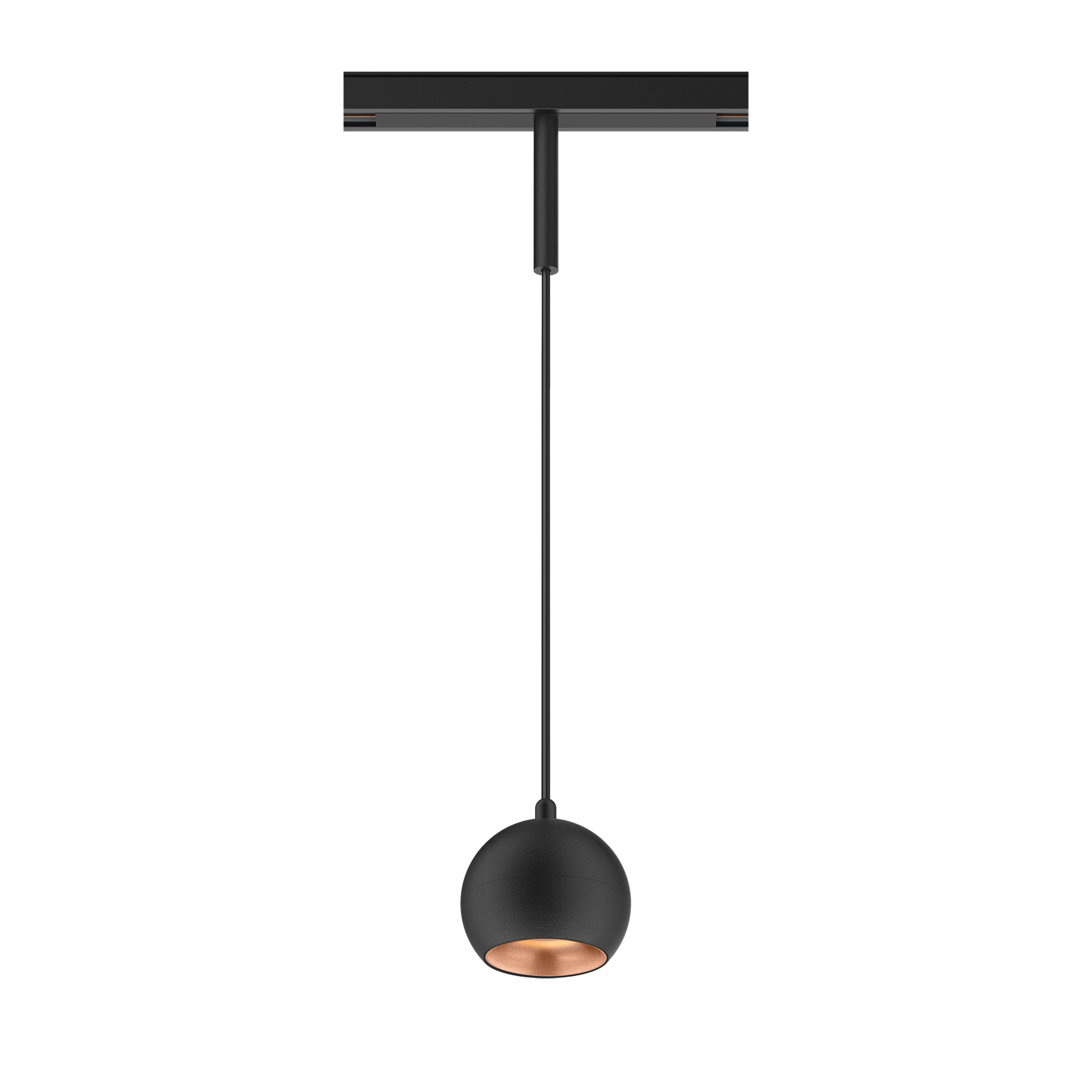 Black version of the Dea Eros-Q1/Q2 S PE with copper reflector, a 48V suspended luminaire designed by Karizma Luce