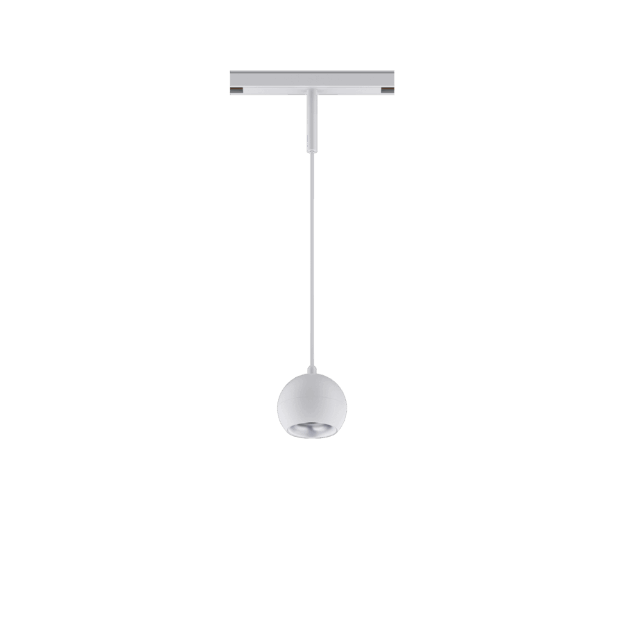 White version of the Dea Eros-Q1/Q2 S PE with silver reflector, a 48V suspended luminaire designed by Karizma Luce.