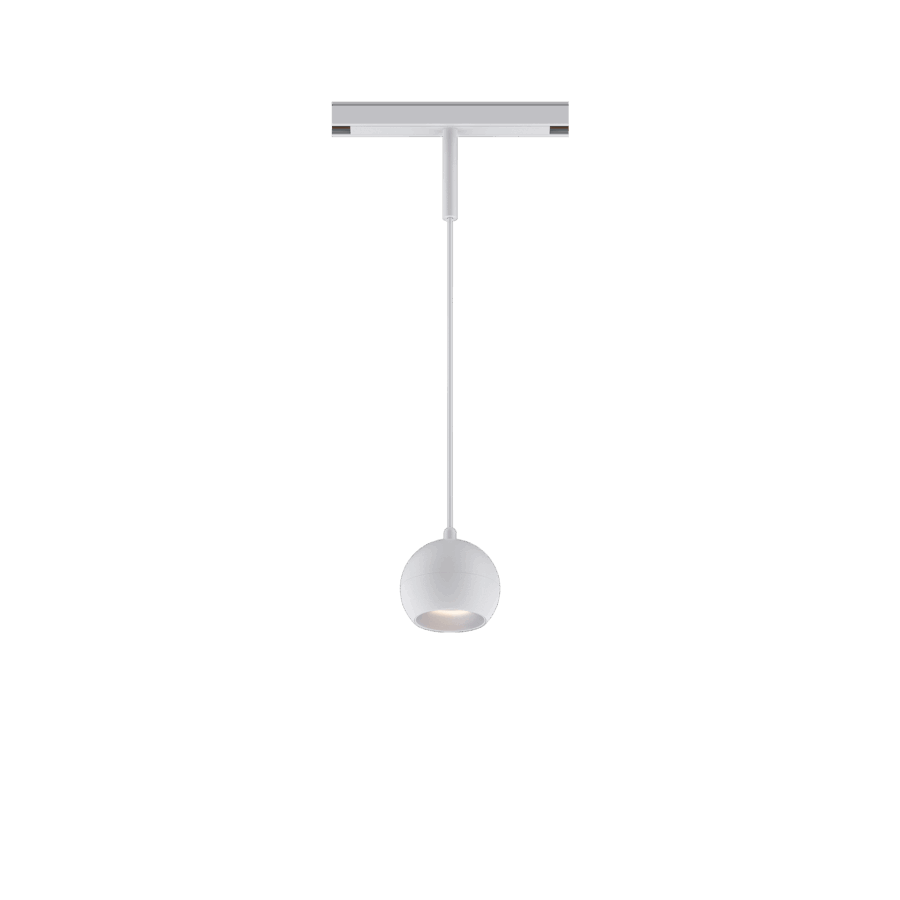 White version of the Dea Eros-Q1/Q2 S PE with chrome reflector, a 48V suspended luminaire designed by Karizma Luce.