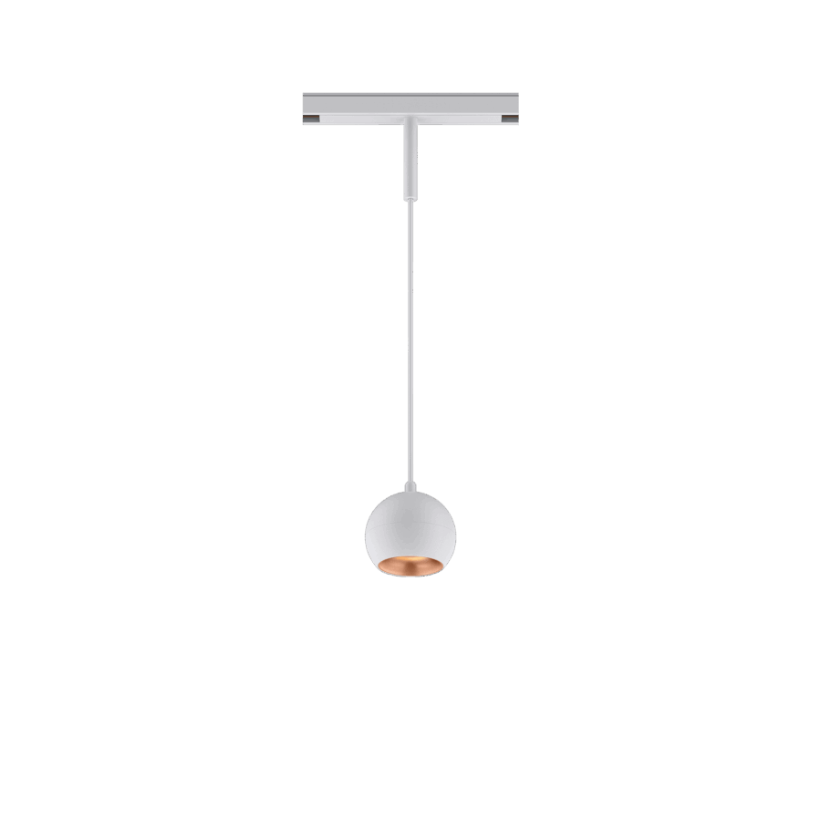 White version of the Dea Eros-Q1/Q2 S PE with copper reflector, a 48V suspended luminaire designed by Karizma Luce.