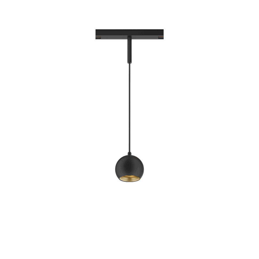 Black version of the Dea Eros-Q1/Q2 S PE with golden reflector, a 48V suspended luminaire designed by Karizma Luce.