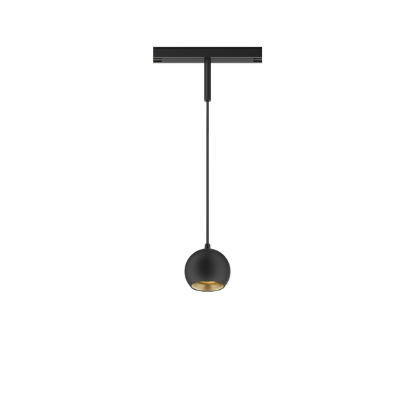 Black version of the Dea Eros-Q1/Q2 S PE with golden reflector, a 48V suspended luminaire designed by Karizma Luce.