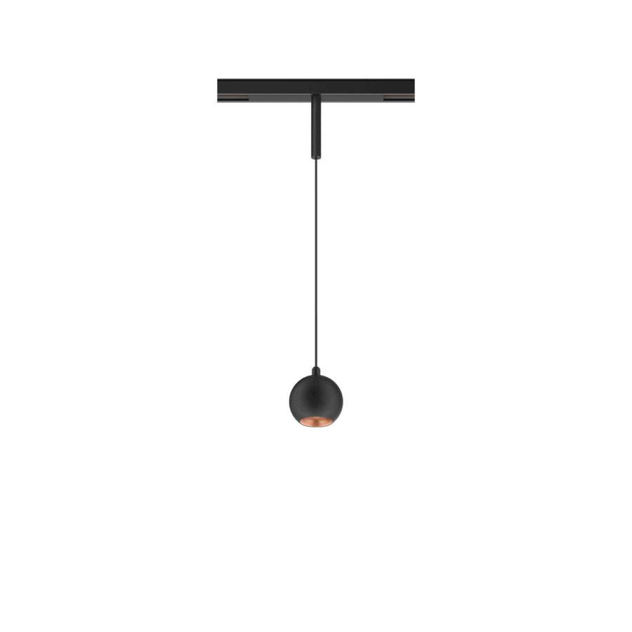 Black version of the Dea Eros-Q1/Q2 XS PE with copper reflector, a 48V suspended luminaire designed by Karizma Luce.