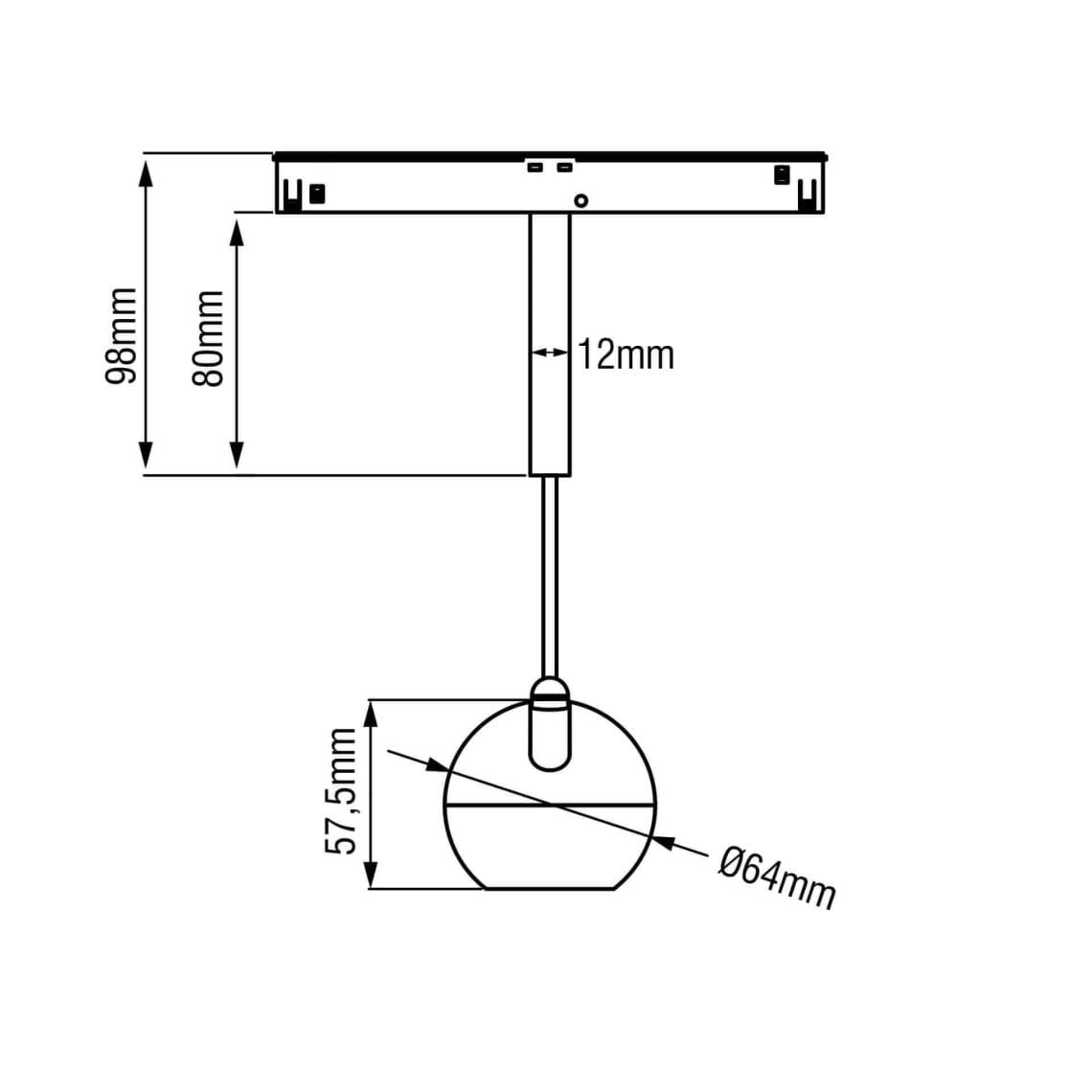 Technical drawing of the Dea Eros-Q1/Q2 XS PE, a 48V suspended luminaire, illustrating detailed dimensions and design specifications.