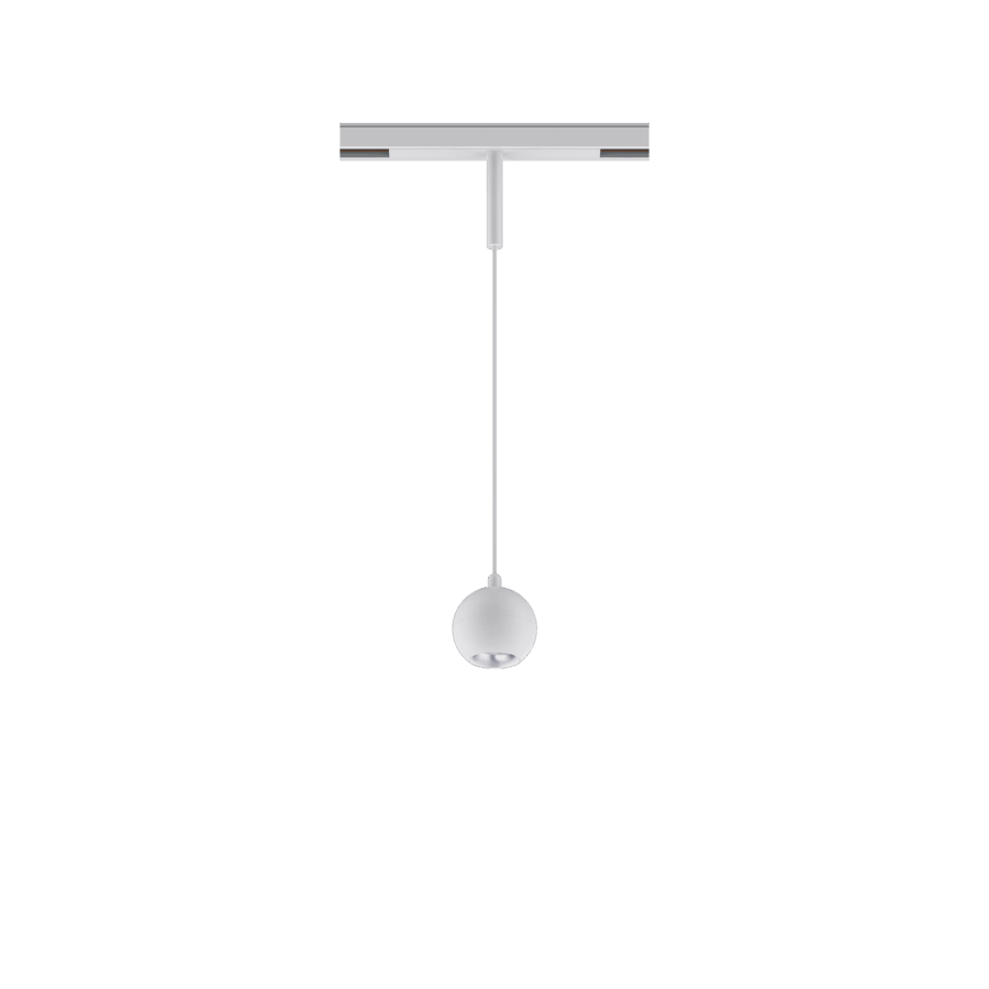 White version of the Dea Eros-Q1/Q2 XS PE with silver reflector, a 48V suspended luminaire designed by Karizma Luce.