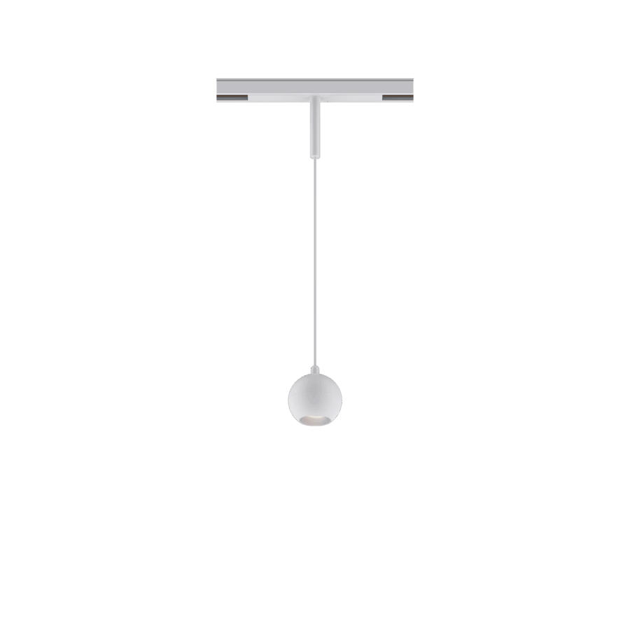 White version of the Dea Eros-Q1/Q2 XS PE with chrome reflector, a 48V suspended luminaire designed by Karizma Luce.