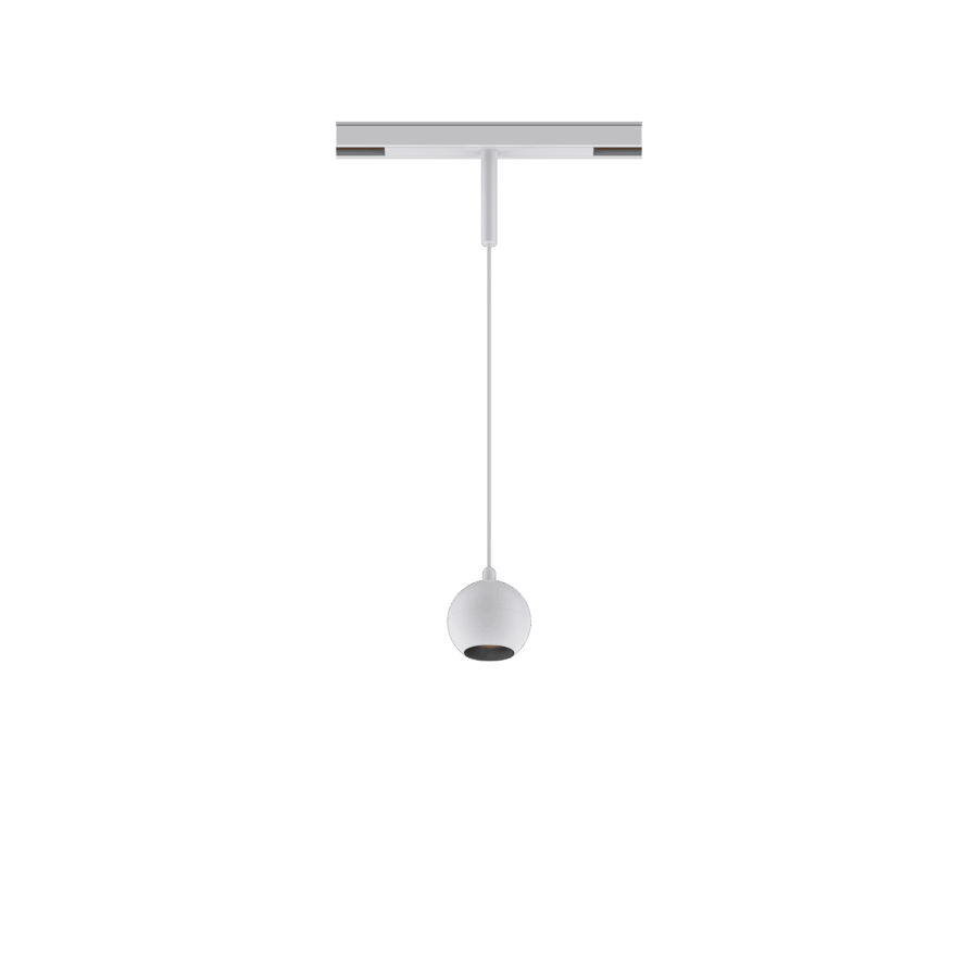 White version of the Dea Eros-Q1/Q2 XS PE with black matt reflector, a 48V suspended luminaire designed by Karizma Luce.