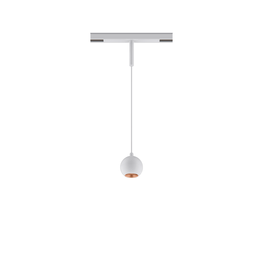 White version of the Dea Eros-Q1/Q2 XS PE with copper reflector, a 48V suspended luminaire designed by Karizma Luce.